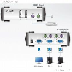 ATEN CS82A 2-Port PS2 KVM Switch, 2x PS2 Cables, 1