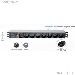 19" rozvodný panel 1U, 7x 220V, koncovka IEC C19,1