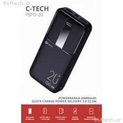 C-TECH Powerbanka 20000mAh, Li-Pol, 22,5W, USB-C, 