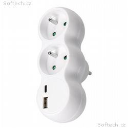 Solight rozbočka s USB A+C nabíječkou, 2 x 10A, bí