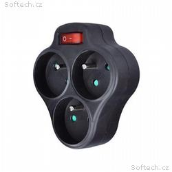 Solight rozbočka, 3 x 10A, černá, vypínač