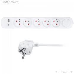 Solight prodlužovací přívod 5 zásuvek, USB A+C nab