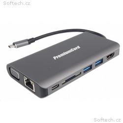 PREMIUMCORD Převodník USB3.1 typ C na HDMI+VGA+RJ4