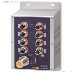 Planet vodotěsný průmyslový PoE switch, 8xFE M12, 