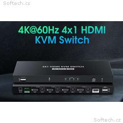 PremiumCord 4K@60Hz HDMI2.0 KVM switch 4:1 s dálko